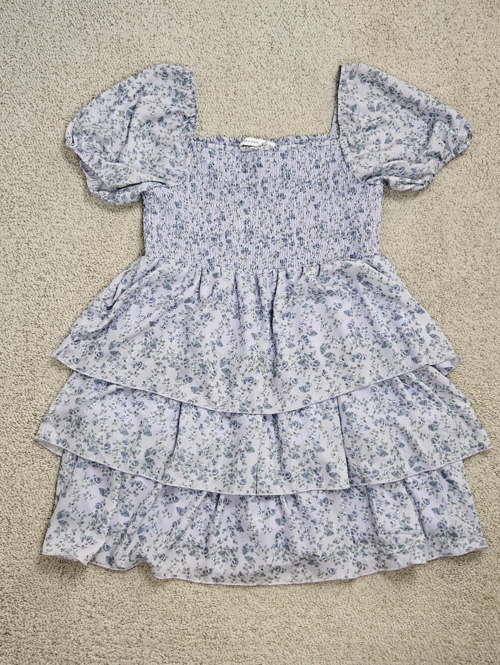 Altard State Mini Dress Purple Floral Smocked Puff Sleeve Tiered Country Womens